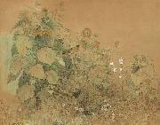 Paul Baum Gartenstuck mit grober und kleineren Sonnenblumen, Malven und anderen Blumen oil